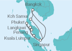 Reiseroute der Kreuzfahrt  Thailand, Malaysia & Singapur - AIDA