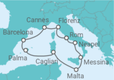 Reiseroute der Kreuzfahrt  Italien, Malta, Spanien, Frankreich - NCL Norwegian Cruise Line