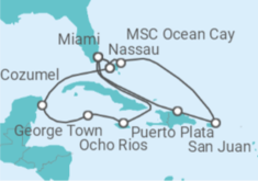 Reiseroute der Kreuzfahrt  15 Tage Karibik mit Anreisepaket Miami II - MSC Cruises