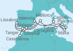 Reiseroute der Kreuzfahrt  Marokko, Gibraltar, Tunesien, Malta, Italien, Spanien - Silversea