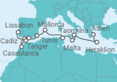 Reiseroute der Kreuzfahrt  Von Lissabon (Portugal) nach Athen (Piräus) - Silversea