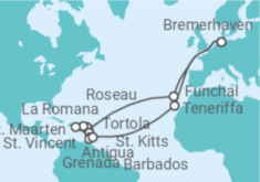 Reiseroute der Kreuzfahrt  35 Nächte - Karibische Inseln ab Bremerhaven - Mein Schiff
