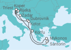 Reiseroute der Kreuzfahrt  Italien, Slowenien, Kroatien, Montenegro, Griechenland - NCL Norwegian Cruise Line