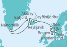 Reiseroute der Kreuzfahrt  Norwegen, Färöer, Island & Grönland - NCL Norwegian Cruise Line