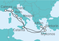 Reiseroute der Kreuzfahrt  Griechenland, Italien, Frankreich - NCL Norwegian Cruise Line