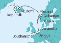 Reiseroute der Kreuzfahrt  Belgien, Niederlande, Norwegen, Island - NCL Norwegian Cruise Line