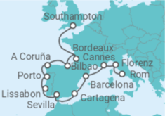 Reiseroute der Kreuzfahrt  Von Southampton (England) nach Civitavecchia (Rom) - NCL Norwegian Cruise Line