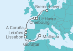 Reiseroute der Kreuzfahrt  11 Nächte - Bremerhaven bis Mallorca - Mein Schiff