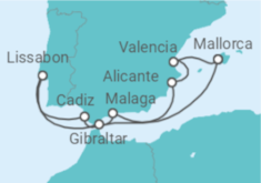Reiseroute der Kreuzfahrt  10 Nächte - Westliches Mittelmeer mit Lissabon - Mein Schiff