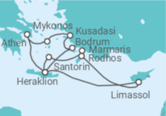 Reiseroute der Kreuzfahrt  14 Nächte - Östliches Mittelmeer mit Piräus & Rhodos - Mein Schiff