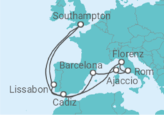 Reiseroute der Kreuzfahrt  Spanien, Frankreich, Italien, Portugal - Cunard