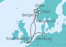 Reiseroute der Kreuzfahrt  Southampton - Norwegen - Hamburg
- Cunard