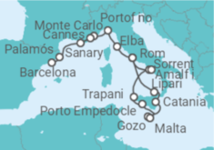 Reiseroute der Kreuzfahrt  Von Civitavecchia (Rom) nach Barcelona - WindStar Cruises