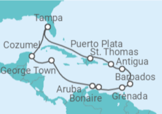 Reiseroute der Kreuzfahrt  Mexiko, Kaimaninseln, Aruba, Barbados, Antigua Und Barbuda, Amerikanische Jungferninseln - NCL Norwegian Cruise Line