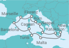 Reiseroute der Kreuzfahrt  Italien, Frankreich, Spanien, Tunesien, Malta, Griechenland - Holland America Line