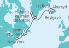 Reiseroute der Kreuzfahrt  Inaugural Iceland & Greenland Journey - Arctic Geysers, Calving Glaciers, and Fiery Lands of Ice - Explora Journeys