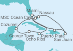 Reiseroute der Kreuzfahrt  Puerto Rico, Bahamas, USA, Jamaika, Kaimaninseln, Mexiko Alles Inklusive - MSC Cruises