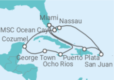 Reiseroute der Kreuzfahrt  Jamaika, Kaimaninseln, Mexiko, USA, Puerto Rico, Bahamas Alles Inklusive - MSC Cruises