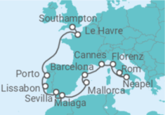 Reiseroute der Kreuzfahrt  Von Southampton (England) nach Civitavecchia (Rom) - NCL Norwegian Cruise Line