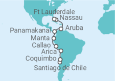 Reiseroute der Kreuzfahrt  Peru, Panama, Aruba, Bahamas - Cunard