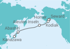 Reiseroute der Kreuzfahrt  Expedition Kamtschatka, Kurilen und Aleuten – Seemeile um Seemeile ungezähmte Natur - Hapag-Lloyd Cruises