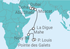 Reiseroute der Kreuzfahrt  Réunion, Madagaskar, Seychellen, Oman, Vereinigte Arabische Emirate - NCL Norwegian Cruise Line