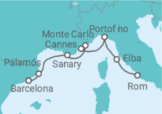 Reiseroute der Kreuzfahrt  Spanien, Monaco, Frankreich, Italien - WindStar Cruises