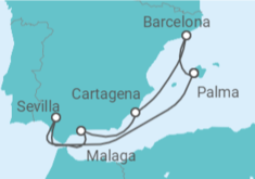 Reiseroute der Kreuzfahrt  Spanische Mittelmeerküste ab Barcelona - AIDA