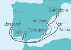 Reiseroute der Kreuzfahrt  Spanien mit Lissabon - AIDA