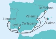 Reiseroute der Kreuzfahrt  Spanien mit Lissabon - AIDA