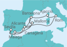 Reiseroute der Kreuzfahrt  Spanien, Italien, Frankreich - AIDA