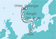 Reiseroute der Kreuzfahrt  Kiel • Bergen • Geiranger • Olden • Stavanger • Kiel - Nicko Cruises