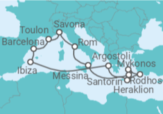 Reiseroute der Kreuzfahrt  Italien, Griechenland, Spanien, Frankreich - Costa Kreuzfahrten
