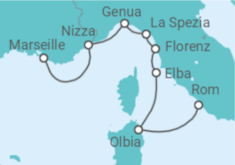 Reiseroute der Kreuzfahrt  Rom • Sardinien • Elba • Livorno • La Spezia • Genua • Villefranche • Marseille - Nicko Cruises