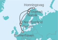 Reiseroute der Kreuzfahrt  14 Nächte - Winterliches Norwegen - ab/bis Bremerhaven - Mein Schiff