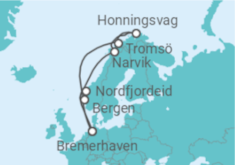 Reiseroute der Kreuzfahrt  14 Nächte - Winterliches Norwegen - ab/bis Bremerhaven - Mein Schiff