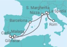 Reiseroute der Kreuzfahrt  Spanien, Gibraltar, Frankreich, Italien - Celebrity Cruises