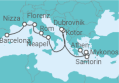 Reiseroute der Kreuzfahrt  Frankreich, Italien, Montenegro, Kroatien, Griechenland - Celebrity Cruises
