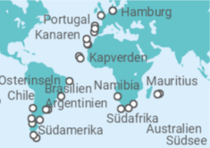 Reiseroute der Kreuzfahrt  Aida Weltreise 2023 - AIDA