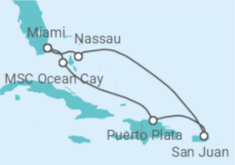 Reiseroute der Kreuzfahrt  Ostkaribik All Inclusive mit Flug und Miami Beach - MSC Cruises