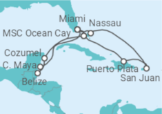 Reiseroute der Kreuzfahrt  Mexiko, Belize, USA, Puerto Rico, Bahamas - MSC Cruises