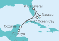 Reiseroute der Kreuzfahrt  Mexiko, USA, Bahamas - MSC Cruises