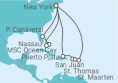 Reiseroute der Kreuzfahrt  Puerto Rico, Amerikanische Jungferninseln, Sint Maarten, USA, Bahamas - MSC Cruises