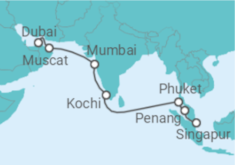 Reiseroute der Kreuzfahrt  Vereinigte Arabische Emirate, Oman, Indien, Thailand, Malaysia, Singapur - Royal Caribbean