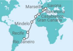 Reiseroute der Kreuzfahrt  Brasilien, Kapverden, Spanien, Marokko, Frankreich Alles Inklusive - Costa Kreuzfahrten