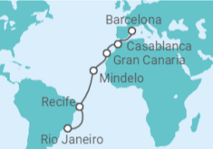 Reiseroute der Kreuzfahrt  Brasilien, Kapverden, Spanien, Marokko Alles Inklusive - Costa Kreuzfahrten