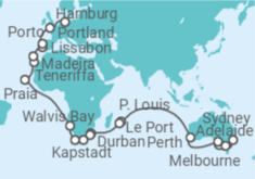 Reiseroute der Kreuzfahrt  Von Sydney nach Hamburg - AIDA