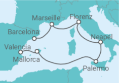 Reiseroute der Kreuzfahrt  Spanien, Italien, Frankreich Alles Inklusive - MSC Cruises