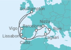 Reiseroute der Kreuzfahrt  Spanien, Italien, Frankreich, Portugal - Royal Caribbean
