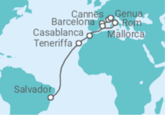 Reiseroute der Kreuzfahrt  Frankreich, Italien, Spanien, Marokko - MSC Cruises